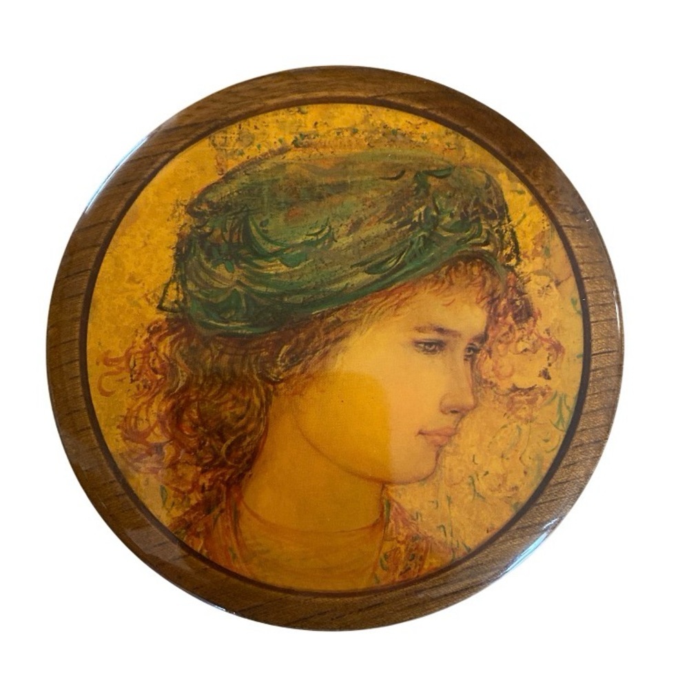 Vintage Patty By Edna Hibel Wood Round Box Trinket/Vanity/Jewelry Signed wood - Picture 4 of 14